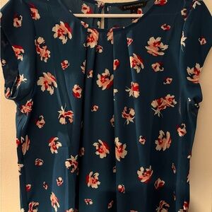 41 Hawthorn Teal Floral Cap-Sleeve Blouse with Red & White Accents